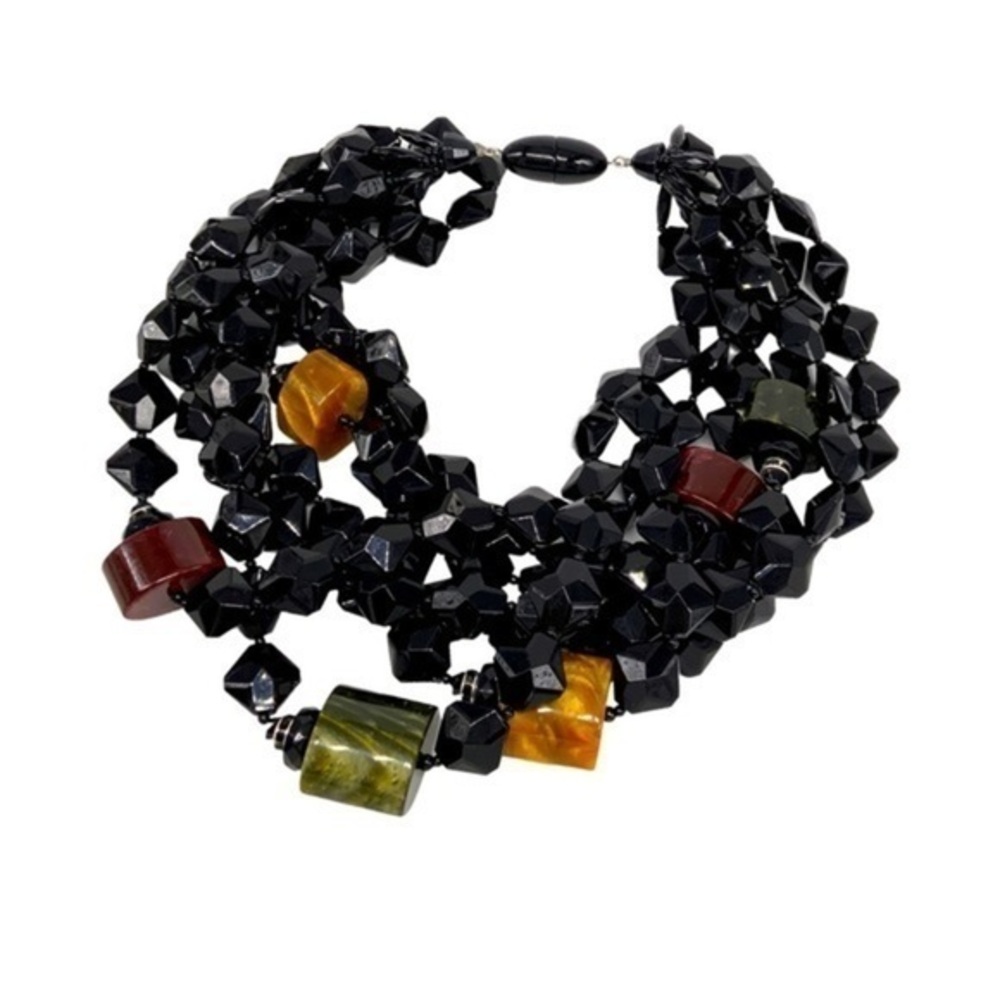 Vintage layered black beaded statement necklace abstract - Picture 2 of 4